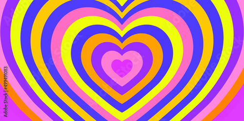 Psychedelic the 70's style background with neon acid colored hearts.