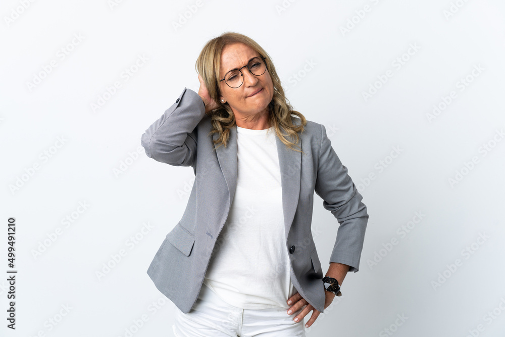 Middle aged business woman over isolated white background having doubts Middle aged business woman over isolated white background having doubts