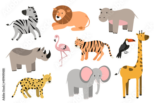 African animals cartoon vector set. elephant  rhino  giraffe  cheetah  zebra  lion  hippo  and outhers. safari isolated illustration. EPS