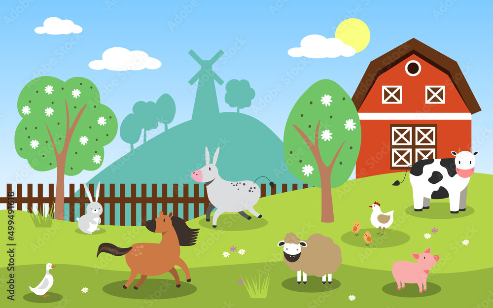 Fototapeta premium Vector illustration of farm animals such as cow, horse, pig, sheep, chicken, rabbit with barn and windmill. EPS