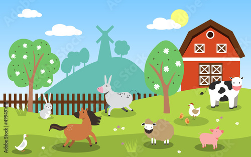 Vector illustration of farm animals such as cow, horse, pig, sheep, chicken, rabbit with barn and windmill. EPS