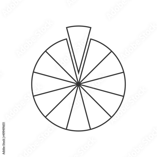 Circle segmented into 12 sections. Pie or pizza shape cut in twelve equal slices in outline style. Round statistics chart example isolated on white background. Vector graphic illustration