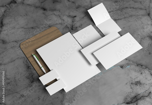 Stationery branding mockup template with red A4 Letterhead, business card, envelope, note book pencil, trifold brochure.  Dark background