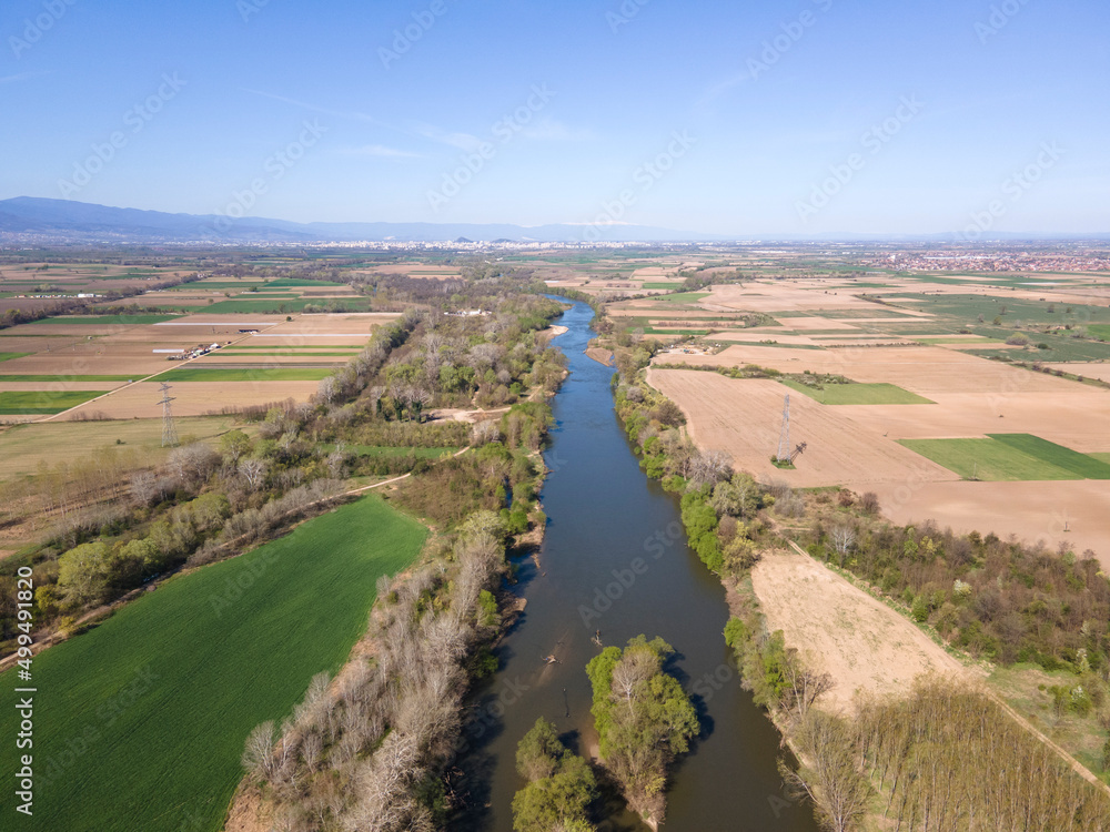 Aerial view of Chepelarska River, pouring into the Maritsa River, Bulgaria Aerial view of Chepelarska River, pouring into the Maritsa River, Bulgaria