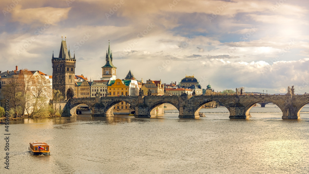 Fototapeta premium Charles Bridge and The Vltava River at Twilight, One of The Most Iconic Sights of Prague, The Capital of The Czech Republic