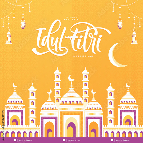 selamat idul fitri means happy eid mubarak greeting card template with mosque background 