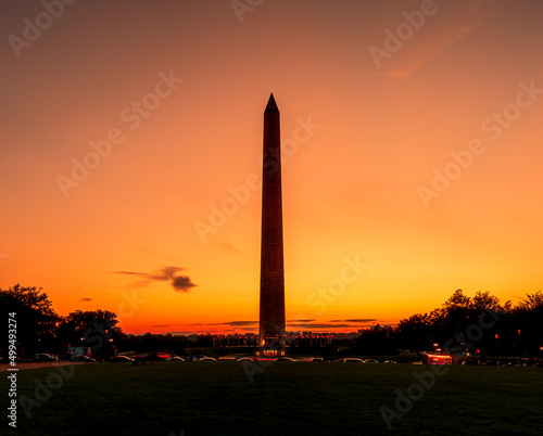 The Washington Monument is an obelisk within the National Mall in Washington, D.C. at sunset.	