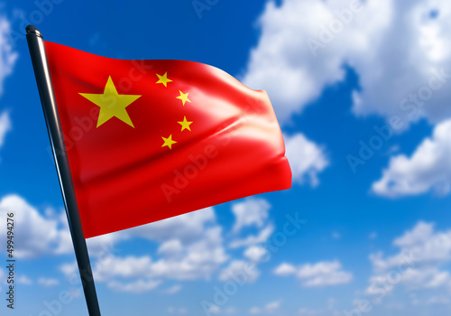 Waving Chinese flag. Red banner with yellow stars. Flag of the People Republic of China on the background of a blurry blue sky. PRC official symbol. Chinese paraphernalia. State symbolism. 3d image
