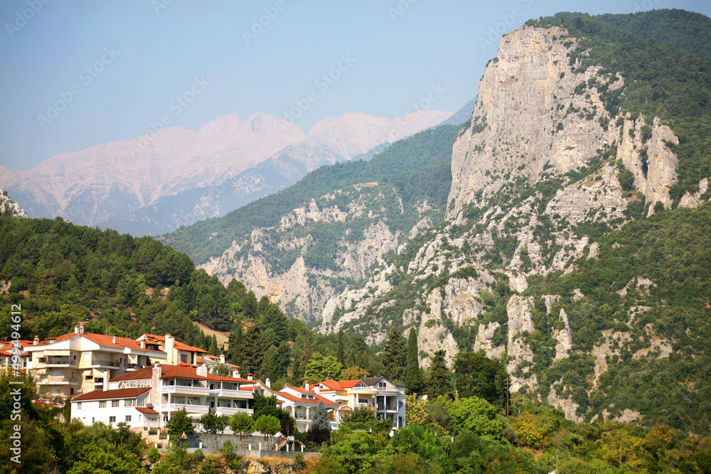 A small town Litochoro, beneath the Mount Olympus in Greece. Litochoro is last village before climbing Mount Olympus.