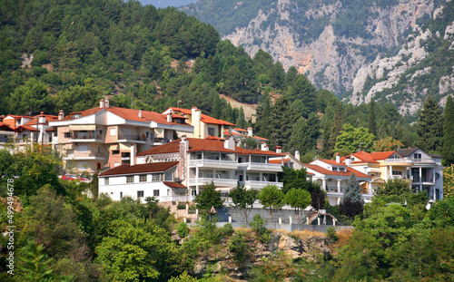 Small town Litochoro, beneath the Mount Olympus in Greece. Litochoro is last village before climbing Mount Olympus.