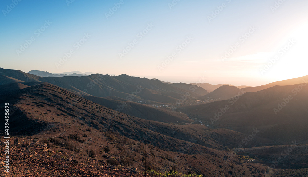 Sunset with beautiful warm colors in the mountains of the Canary Island of Fuerteventura