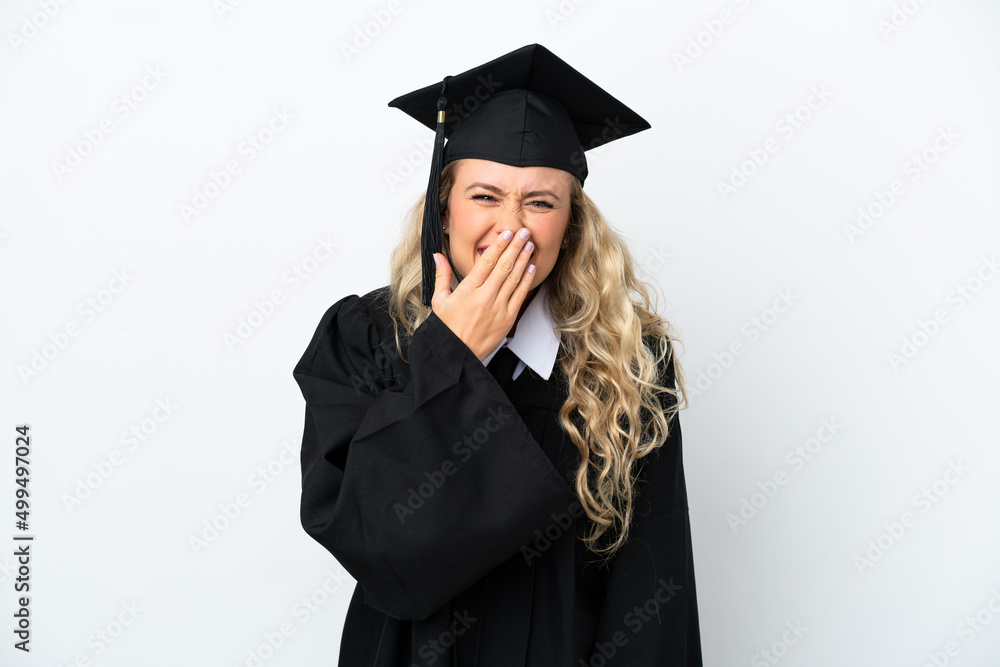 Young university graduate woman isolated on white background happy and smiling covering mouth with hand Young university graduate woman isolated on white background happy and smiling covering mouth with hand