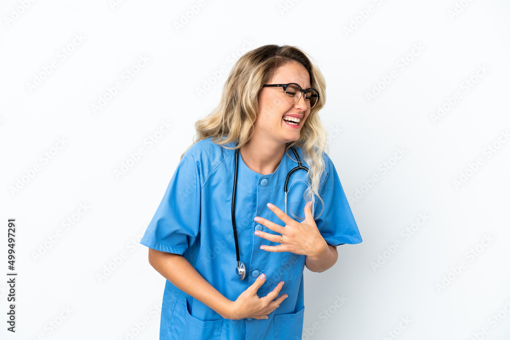 Brazilian surgeon doctor woman over isolated background smiling a lot Brazilian surgeon doctor woman over isolated background smiling a lot