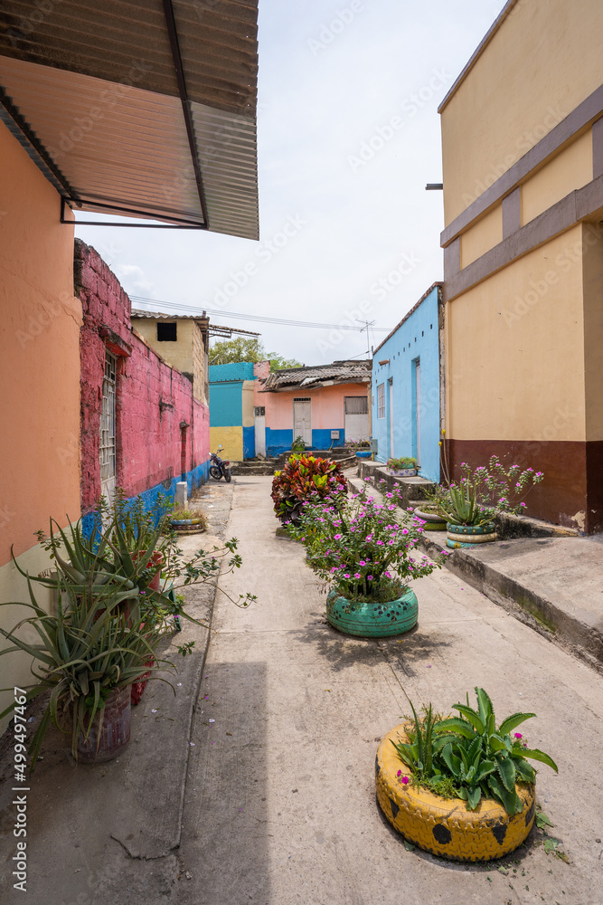 San Joaquin, La Mesa, Cundinamarca, Colombia, April 14, 2022. Car tires recycled into a flowerpot in an alley