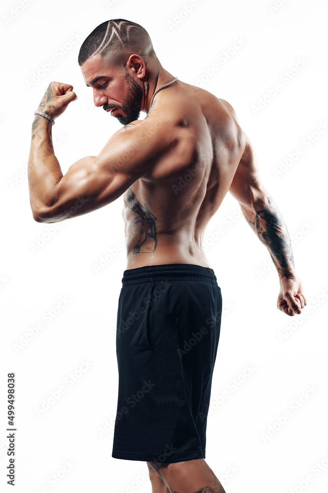 Male model posing shirtless on white background, muscular man gym personal trainning