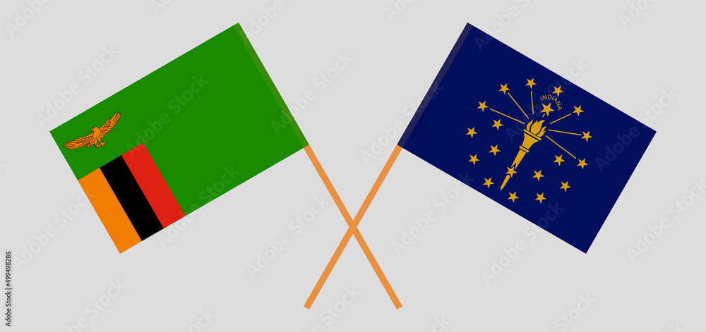 Crossed flags of Zambia and the State of Indiana. Official colors. Correct proportion Crossed flags of Zambia and the State of Indiana. Official colors. Correct proportion