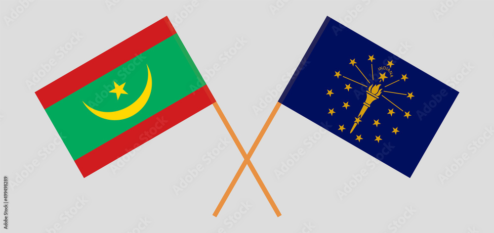 Crossed flags of Mauritania and the State of Indiana. Official colors. Correct proportion Crossed flags of Mauritania and the State of Indiana. Official colors. Correct proportion