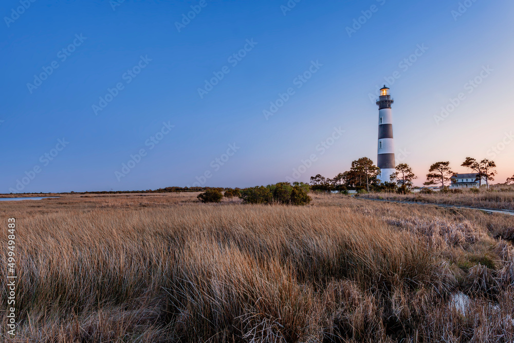 Bodie Island Lighthouse at dusk at the Outer Banks of North Carolina