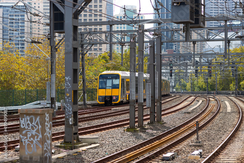 Photography Commuter train approaching Homebush train station Sydney NSW Australia