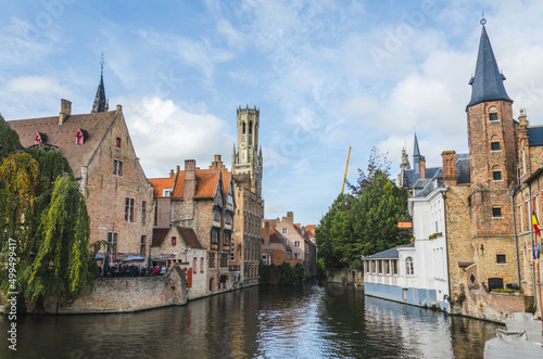 View from Rozenhoedkaai embankment of the historical town center with medieval architecture in Bruges, Belgium