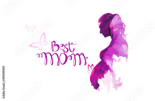 Best mom text. Silhouette of a pregnant woman in watercolor. Happy Mother's Day. Vector illustration