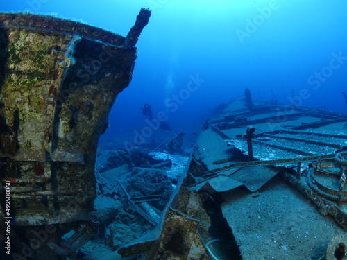 wreck underwater shipwreck on seabed sea floor standing metal on ocean floor scuba divers to see © underocean