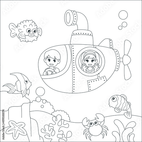 coloring kids driving submarine
