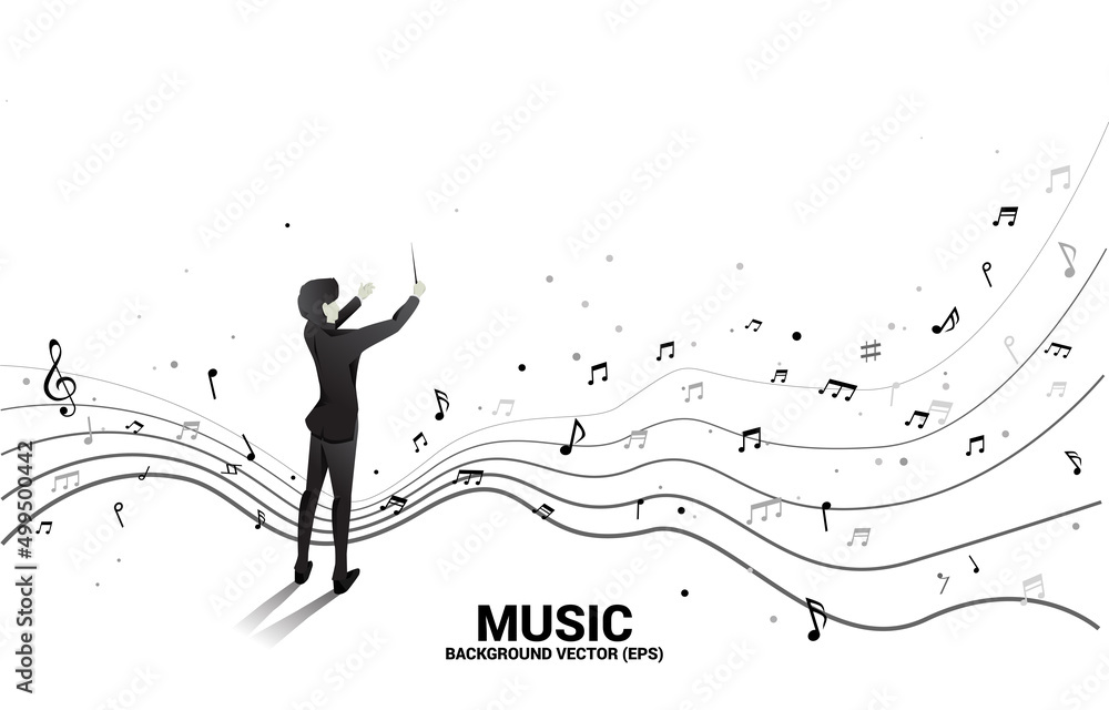 Vector silhouette of conductor standing with flying music note . Concept background for orchestra concert and recreation. - obrazy, fototapety, plakaty 