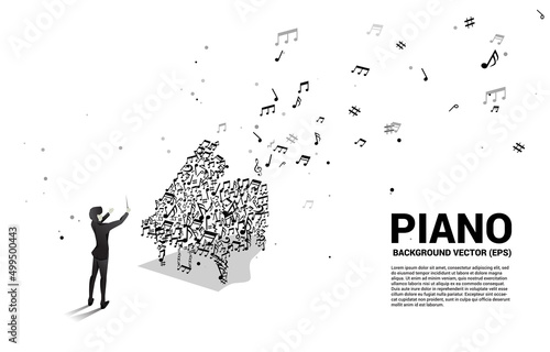 Vector conductor and music melody note dancing flow shape piano icon . Concept background for song and concert theme.