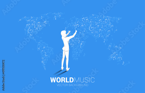 Vector silhouette of conductor with world map from music melody note dancing flow. Concept background for world song and concert theme.