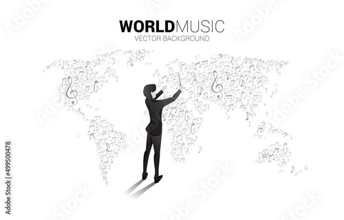 Vector silhouette of conductor with world map from music melody note dancing flow. Concept background for world song and concert theme.