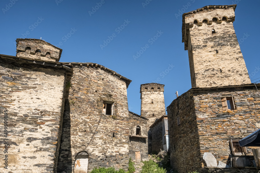 Famous historical Svan towers in Ushguli village, Svaneti region, Georgia