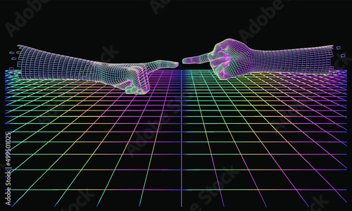 Low polygonal 3D hands going to touch together. Vector illustration in retrofuturistic vaporwave style.