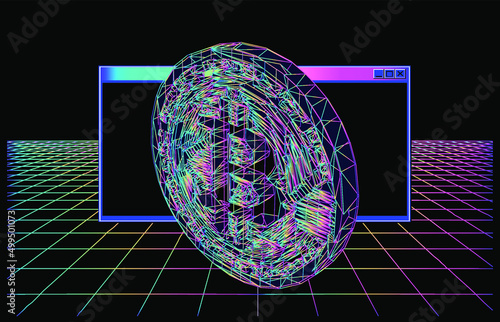 3D illustration of a bitcoin cryptocurrency coin in futuristic retrowave style.