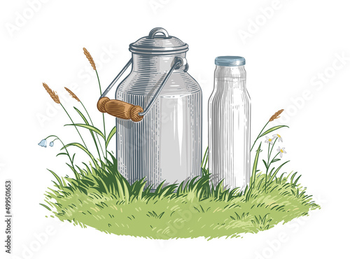 milk in a can hand drawing sketch engraving illustration style