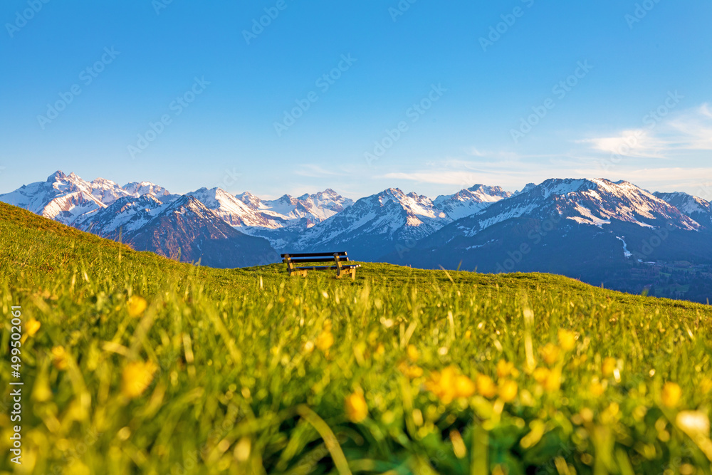 Bank - Allgäu - Alpen - Frühling - Entspannung - Panorama - Bergkette