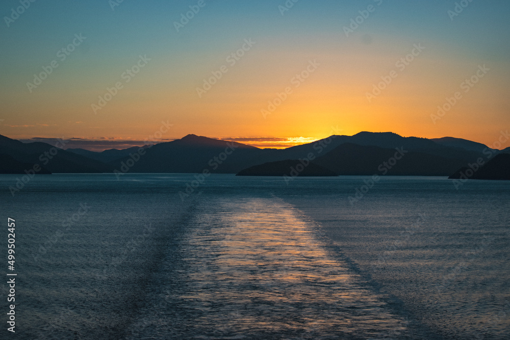New Zealand, evening ferry with amazing sunset from South back to North Island. Goodbye South Island, thanks for everything. Your are just stunning, I will never forget.