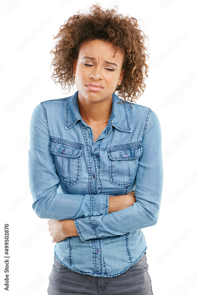 Dont let menstrual cramps get you down. Studio shot of a young woman experiencing stomach pain against a white background. Dont let menstrual cramps get you down. Studio shot of a young woman experiencing stomach pain against a white background.