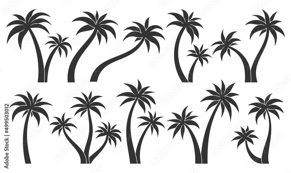 Palm tree tropic plant leaf stamp black glyph set. Tropical uninhabited island leafy subtropical silhouette sticker label various shape. Element postcard travel vacation summer forest isolated white