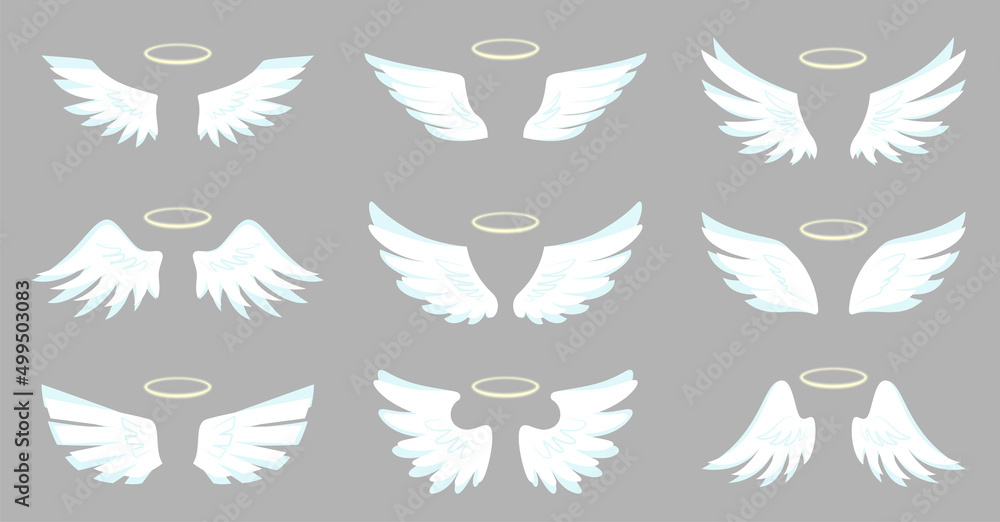 Angel wing halo white bird emblem flight sticker flat set. Vintage badge freedom decoration. Heraldic tattoo symbol. Air sky logo tribal sticker. Empty simple contour different shapes isolated