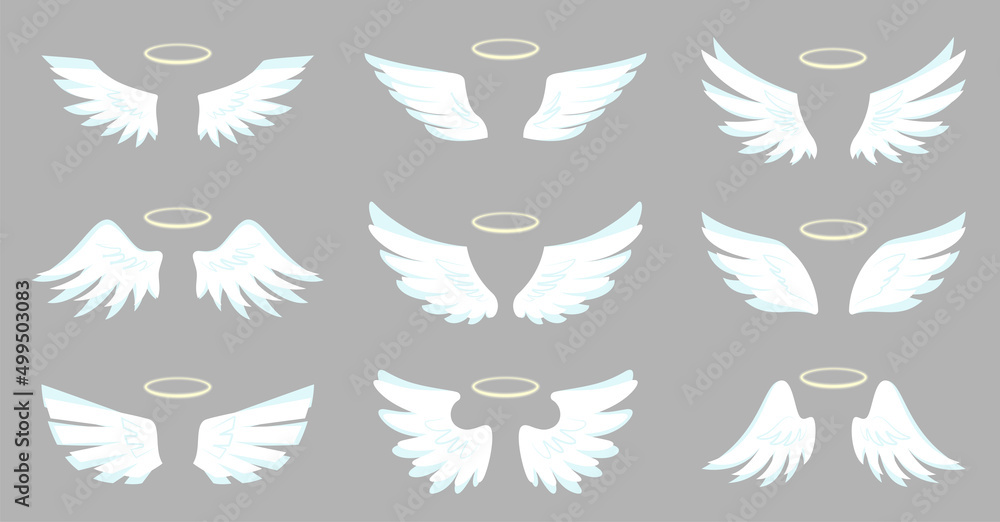 Angel wing halo white bird emblem flight sticker flat set. Vintage badge freedom decoration. Heraldic tattoo symbol. Air sky logo tribal sticker. Empty simple contour different shapes isolated Angel wing halo white bird emblem flight sticker flat set. Vintage badge freedom decoration. Heraldic tattoo symbol. Air sky logo tribal sticker. Empty simple contour different shapes isolated