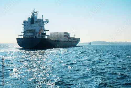 Cargo container ship proceeding along the Bosphorus  Turkey.