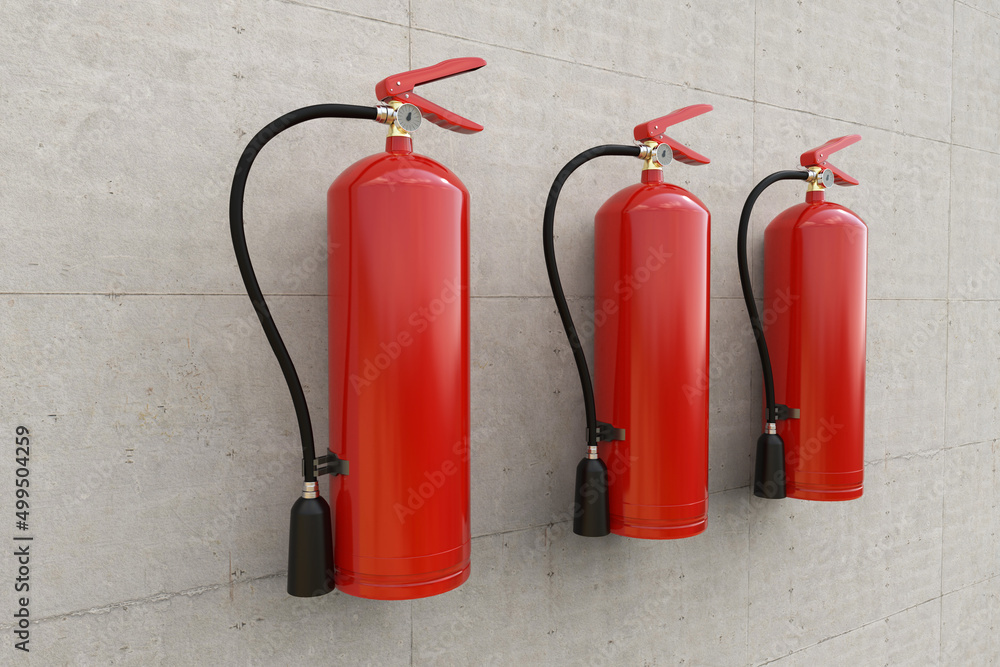 Fototapeta premium Group of fire extinguishers handing on wall