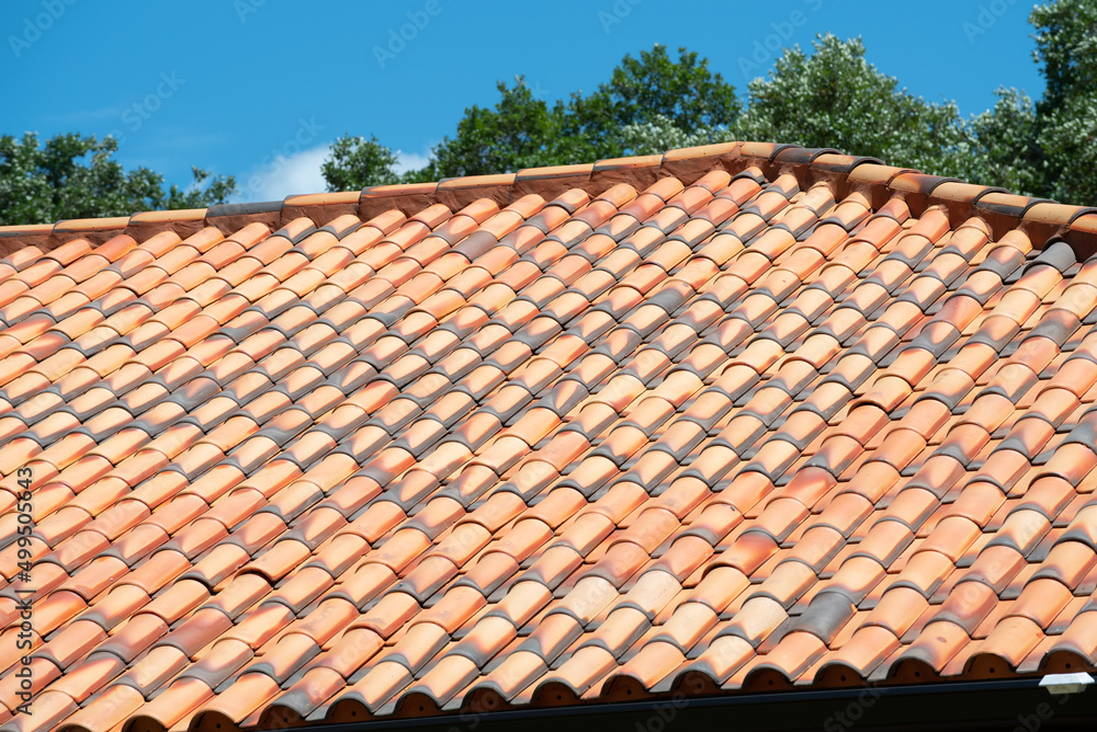 Old tiled roof with sky in background
