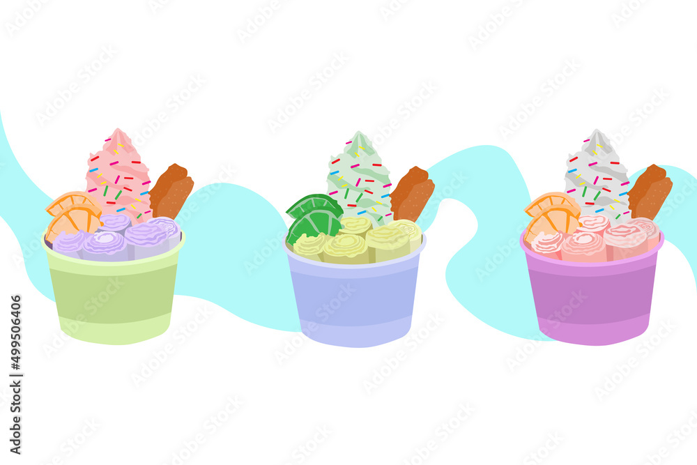 Popsicle blowing in a cup with pieces of fruit and biscuits in the sky behind a greasy blue graphic cut across the back. Popsicle blowing in a cup with pieces of fruit and biscuits in the sky behind a greasy blue graphic cut across the back.