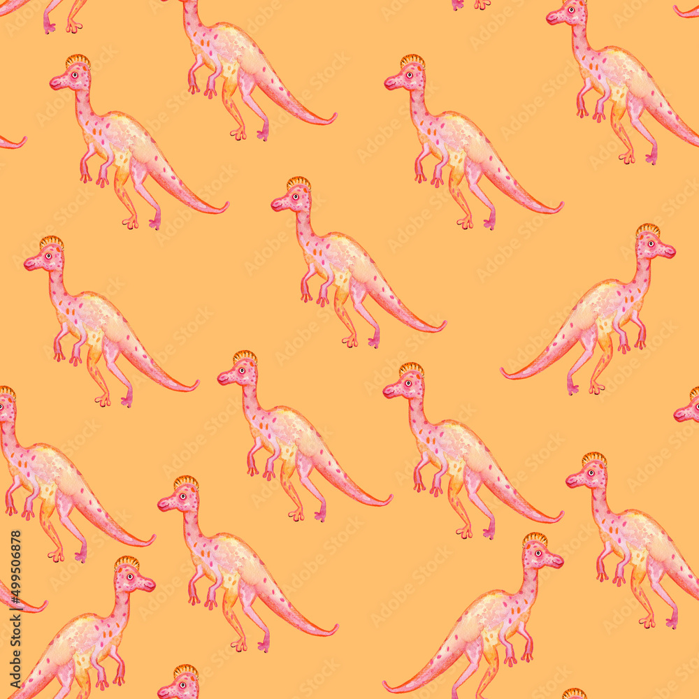 Fototapeta premium Cute Watercolor Funny Pink Dinosaur On Peach Background Seamless Fabric Pattern