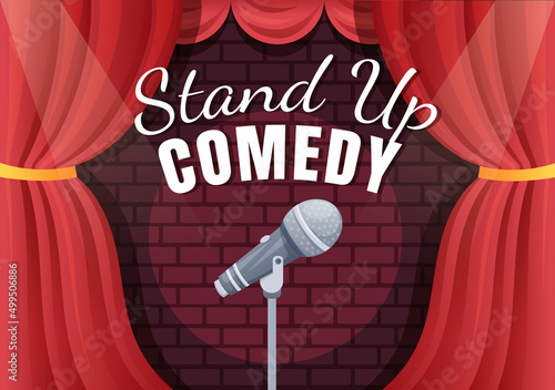 Stand Up Comedy Show Theater Scene with Red Curtains and Open Microphone to Comedian Performing on Stage in Flat Style Cartoon Illustration