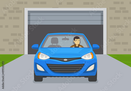 Driving a car. Front view of a car leaving the garage. Young man driving a blue mini car. Flat vector illustration template.