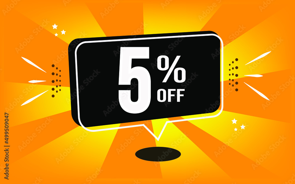 5% off. Orange banner with black balloon and special buy and sell offer ...