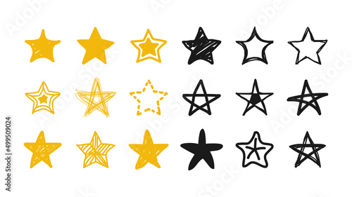 Set of stars yellow and black hand-drawn in cartoon style. Vector illustration.